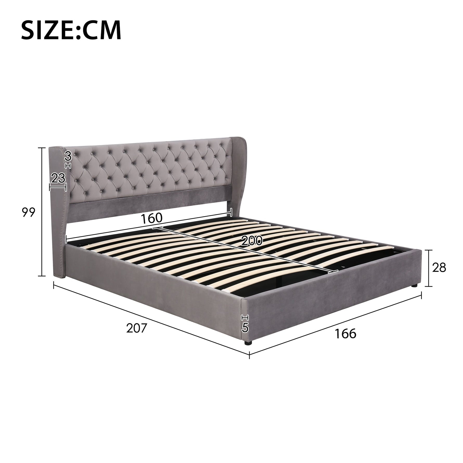 Upholstered Bed 160x200cm Ear-Shaped Hydraulic Storage Slatted Frame - Velvet Grey