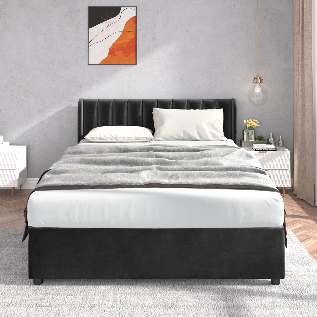 Upholstered Bed with Slatted Base and 2 Drawers, 160 x 200 cm, Black Velvet