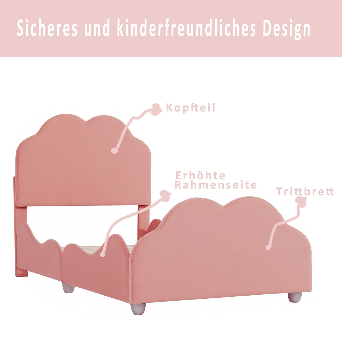 Upholstered Children's Bed 90 x 200 cm with Railing, Cloud Headboard, Pink Velvet