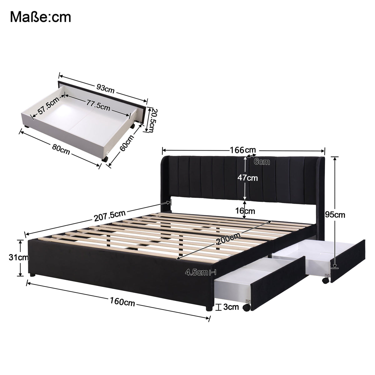 Upholstered Bed with Slatted Base and 2 Drawers, 160 x 200 cm, Black Velvet