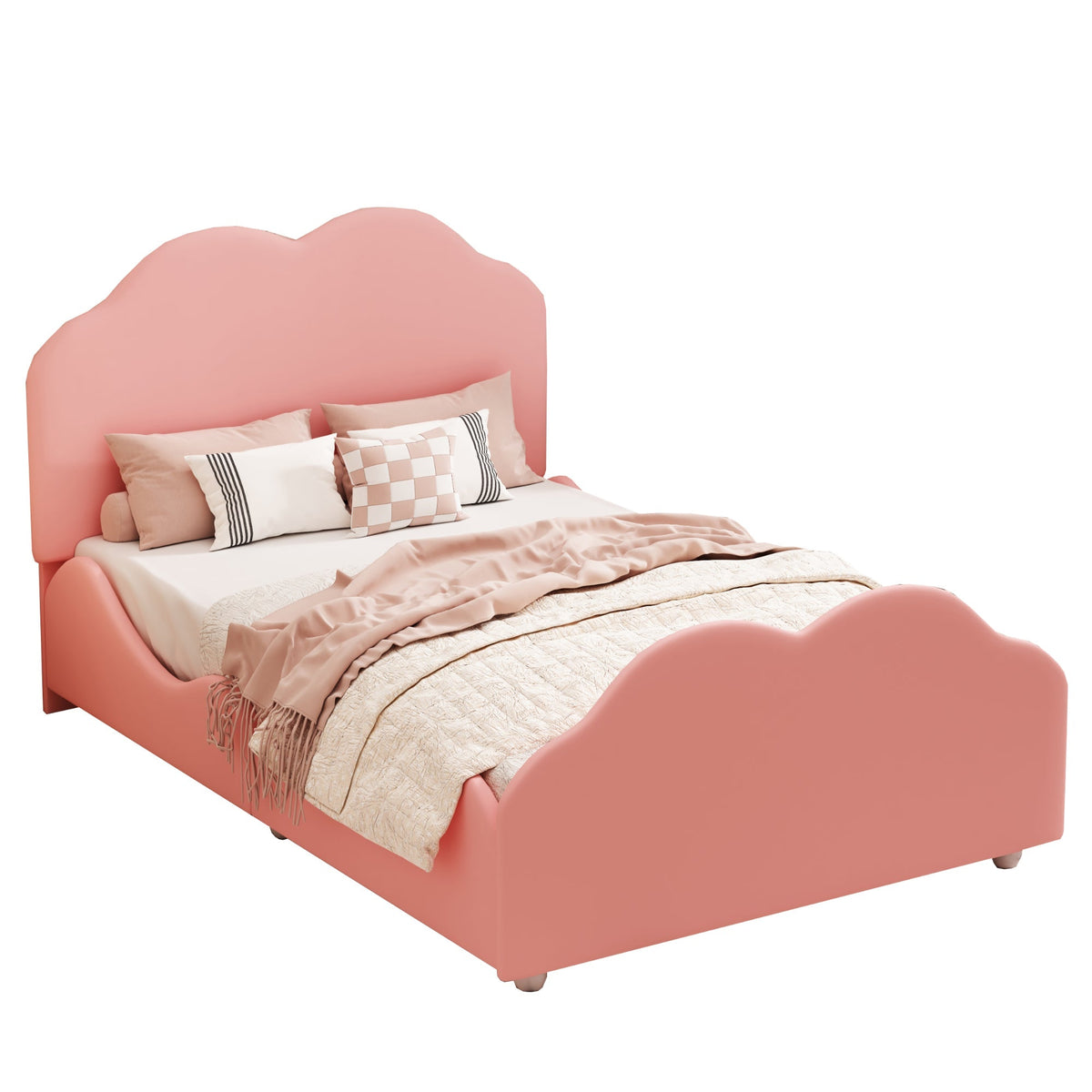 Upholstered Children's Bed 90 x 200 cm with Railing, Cloud Headboard, Pink Velvet