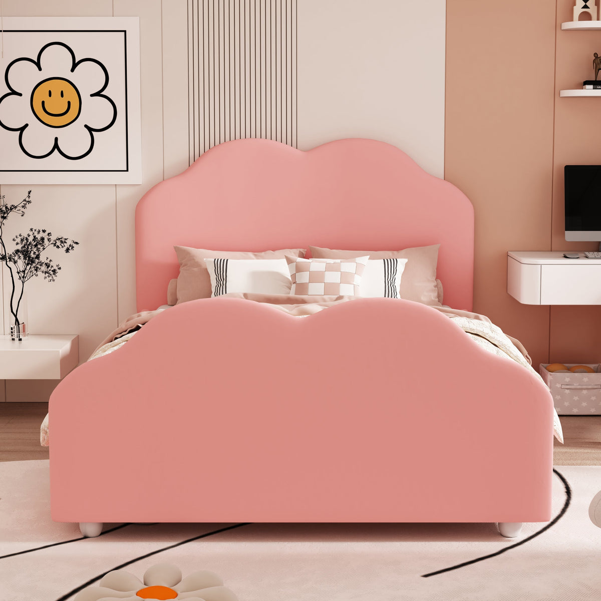 Upholstered Children's Bed 90 x 200 cm with Railing, Cloud Headboard, Pink Velvet