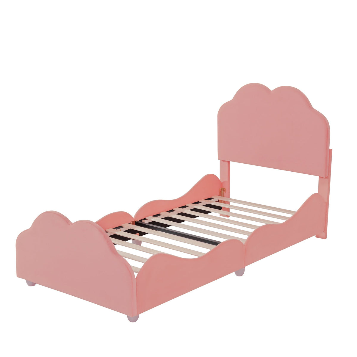 Upholstered Children's Bed 90 x 200 cm with Railing, Cloud Headboard, Pink Velvet