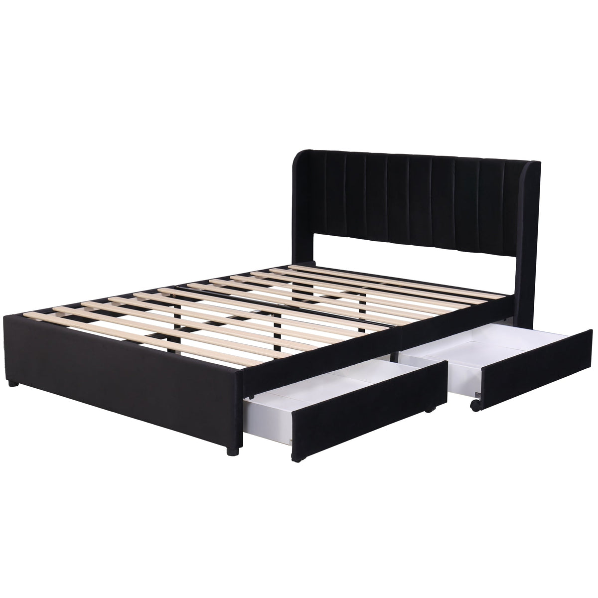 Upholstered Bed with Slatted Base and 2 Drawers, 160 x 200 cm, Black Velvet