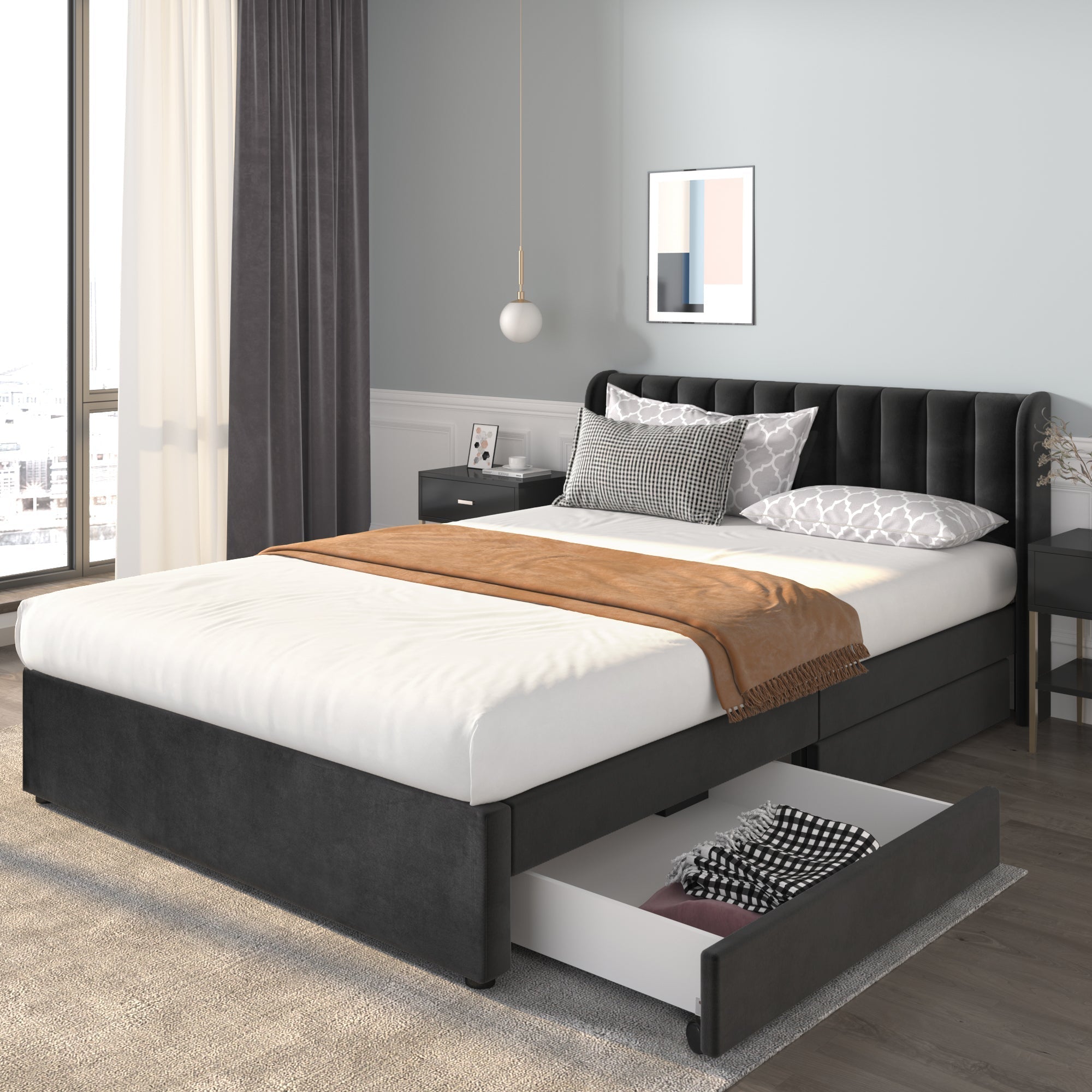 Upholstered Bed with Slatted Base and 2 Drawers, 160 x 200 cm, Black Velvet