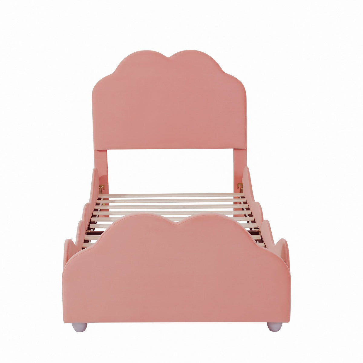 Upholstered Children's Bed 90 x 200 cm with Railing, Cloud Headboard, Pink Velvet
