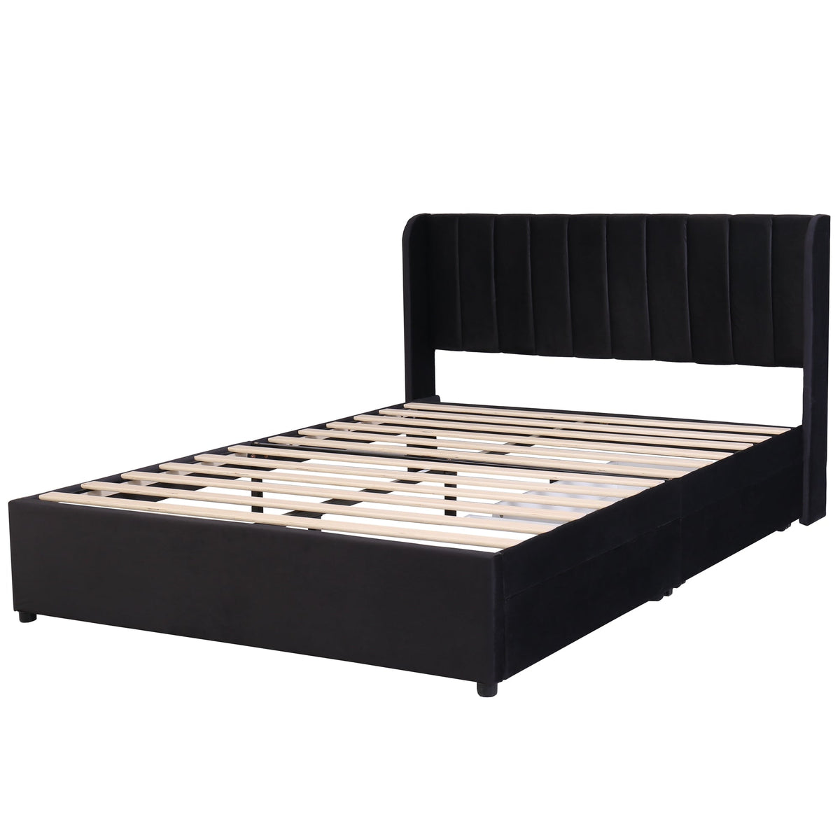 Upholstered Bed with Slatted Base and 2 Drawers, 160 x 200 cm, Black Velvet