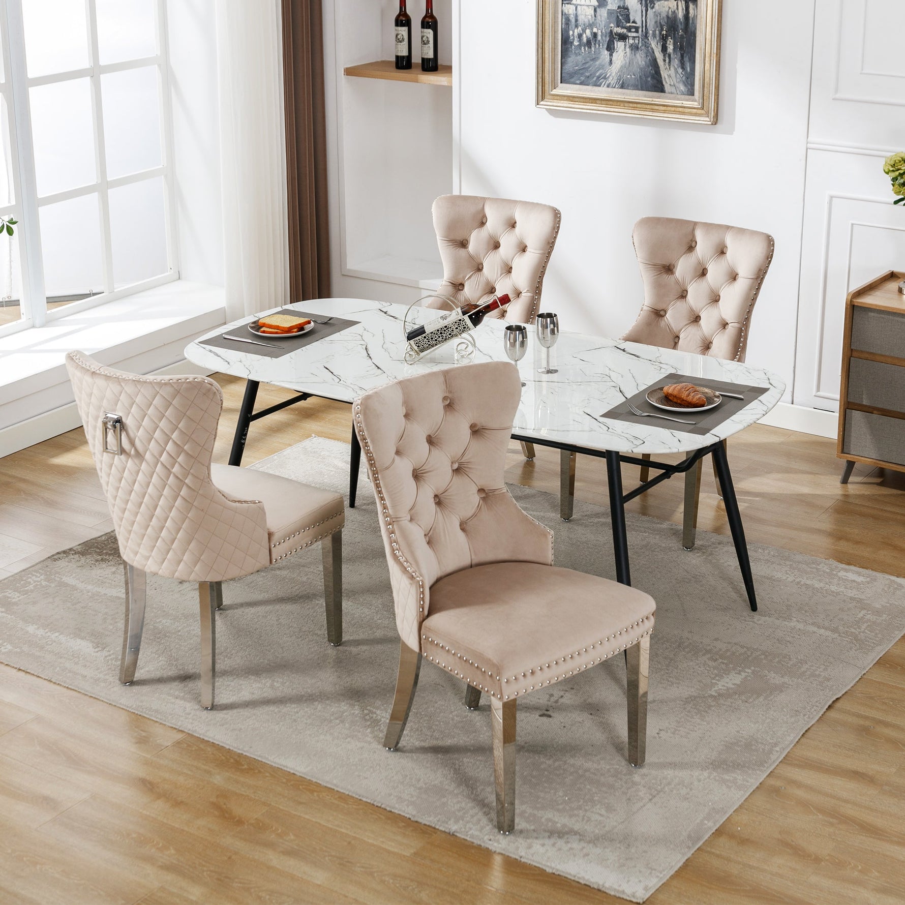 Dining Chair 4-Piece Set Upholstered Door Knocker Nailhead Trim Metal Legs Beige Velvet