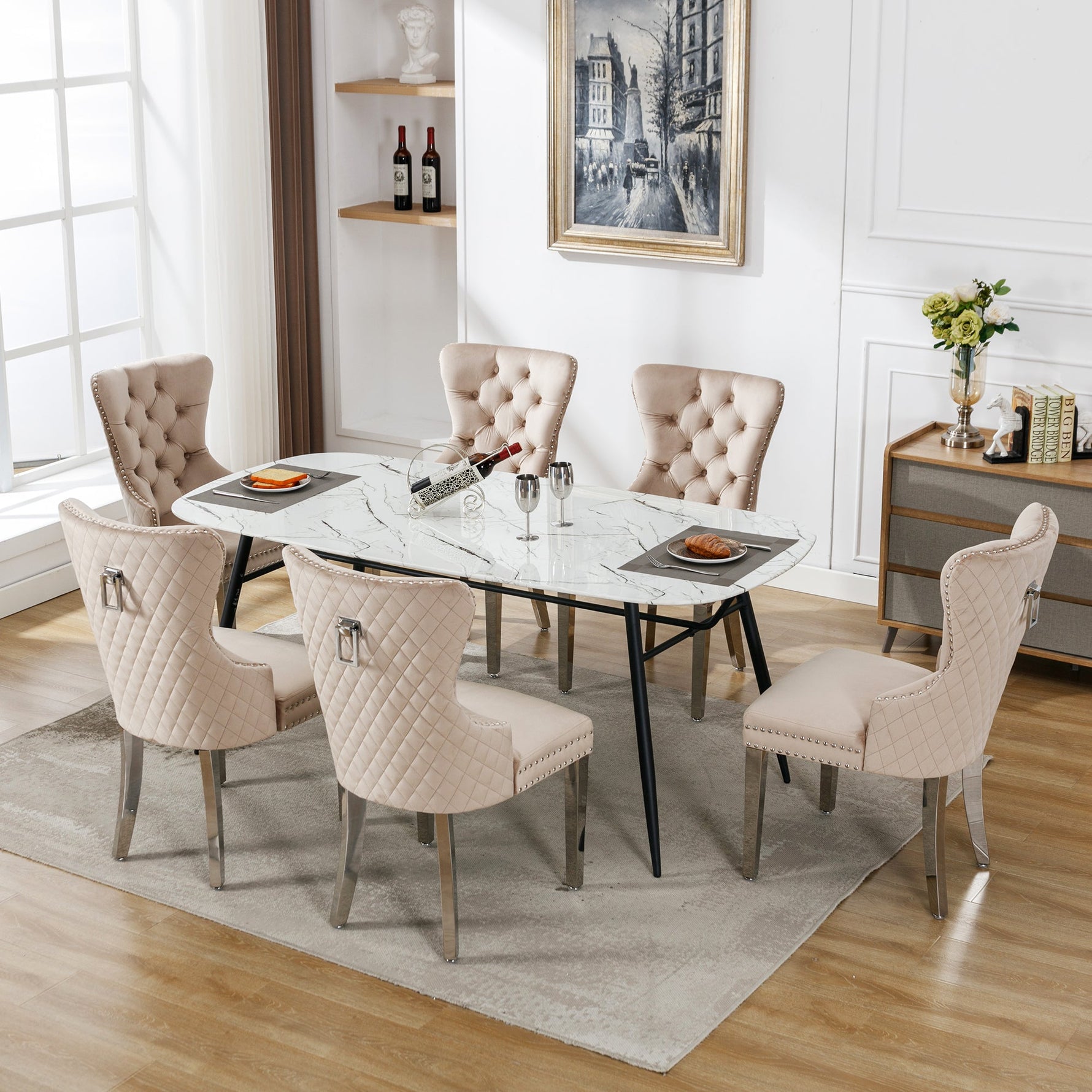 Dining Chair Set of 6 Upholstered Nailhead Trim Door Knocker Back Beige Velvet