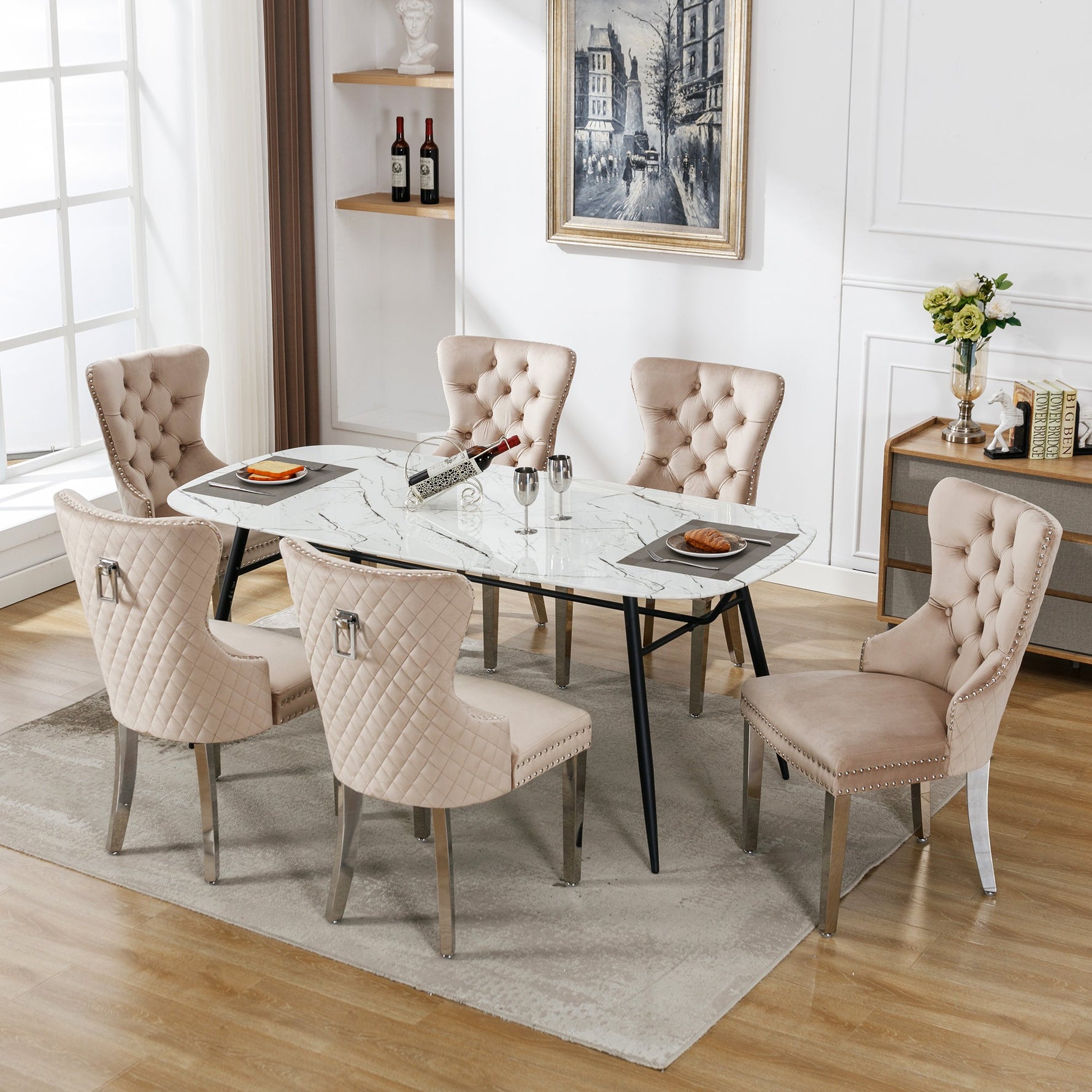 Dining Chair Set of 6 Upholstered Nailhead Trim Door Knocker Back Beige Velvet