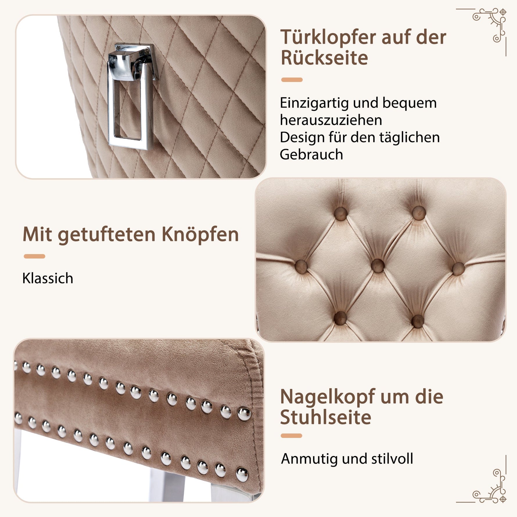 Dining Chair 4-Piece Set Upholstered Door Knocker Nailhead Trim Metal Legs Beige Velvet