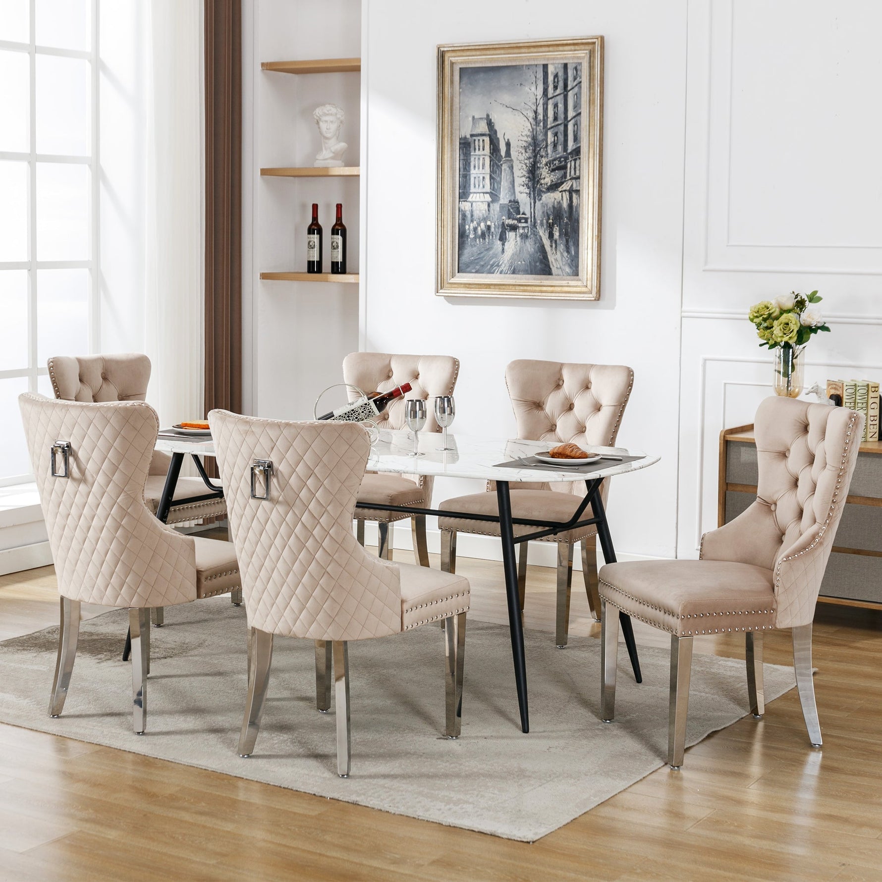 Dining Chair Set of 6 Upholstered Nailhead Trim Door Knocker Back Beige Velvet