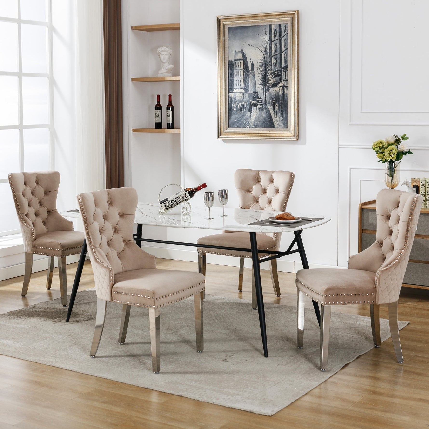 Dining Chair 4-Piece Set Upholstered Door Knocker Nailhead Trim Metal Legs Beige Velvet