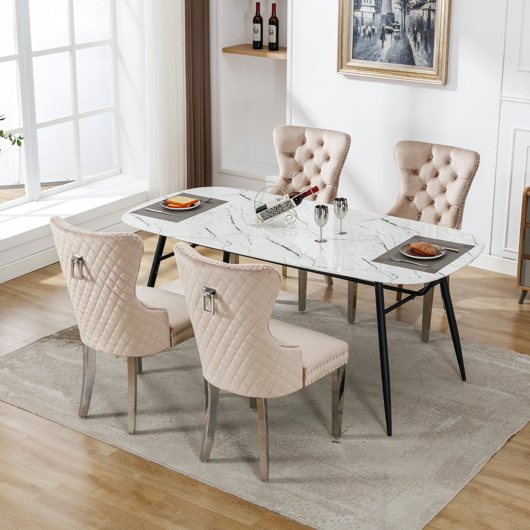 Dining Chair 4-Piece Set Upholstered Door Knocker Nailhead Trim Metal Legs Beige Velvet