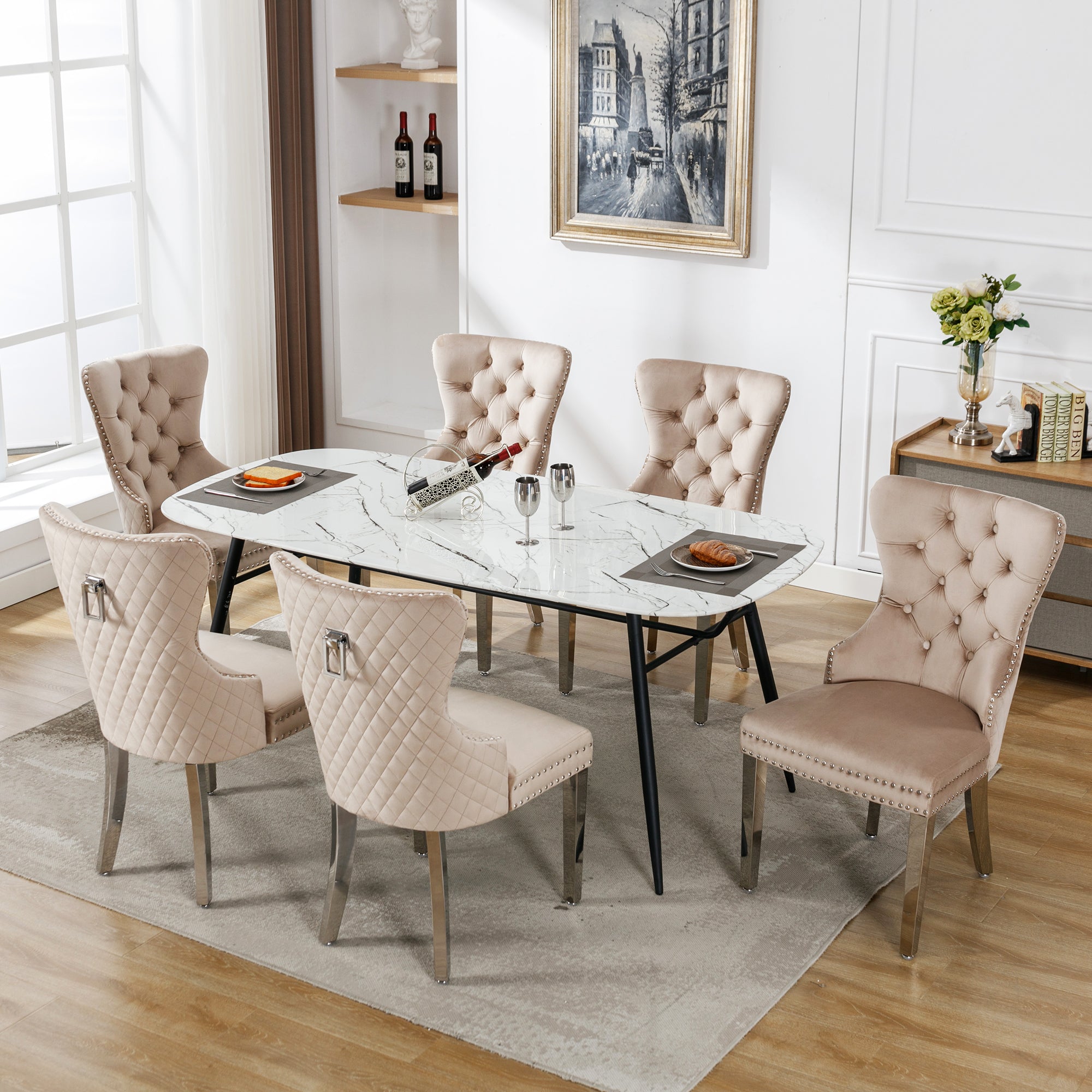 Dining Chair Set of 6 Upholstered Nailhead Trim Door Knocker Back Beige Velvet