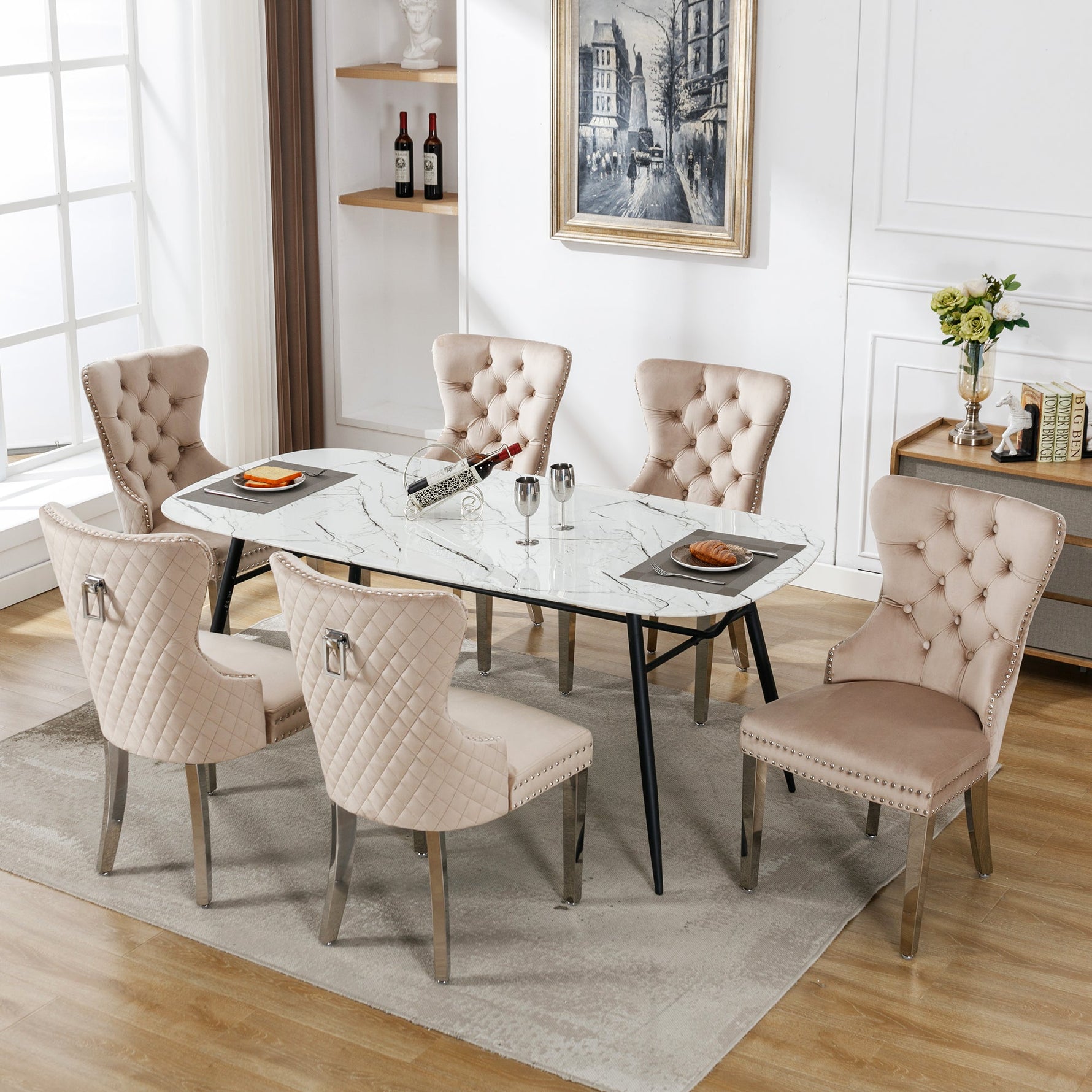 Dining Chair Set of 6 Upholstered Nailhead Trim Door Knocker Back Beige Velvet