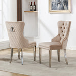 Dining Chair Set 2 Upholstered Door Knocker Back Beige Velvet