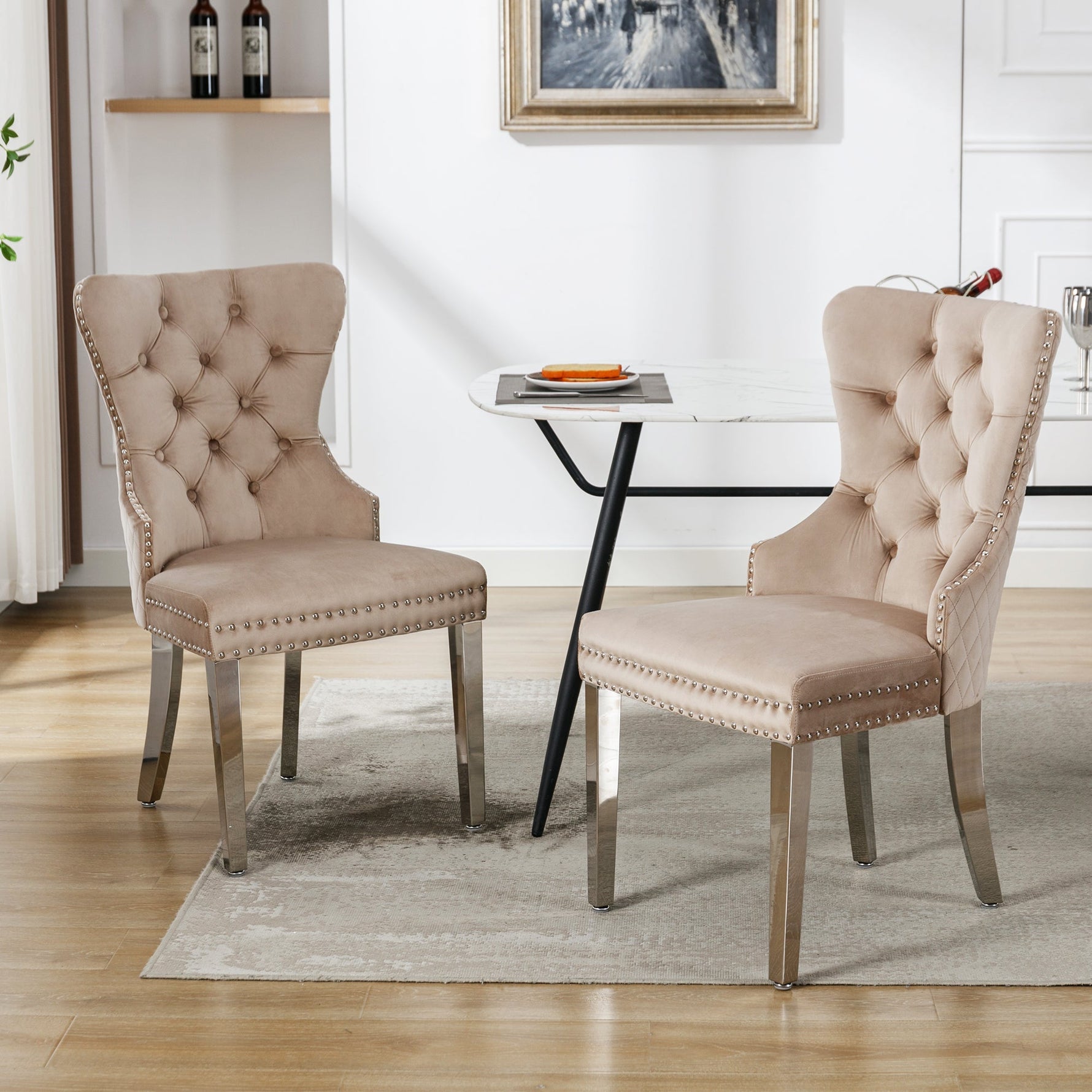 Dining Chair Set 2 Upholstered Door Knocker Back Beige Velvet