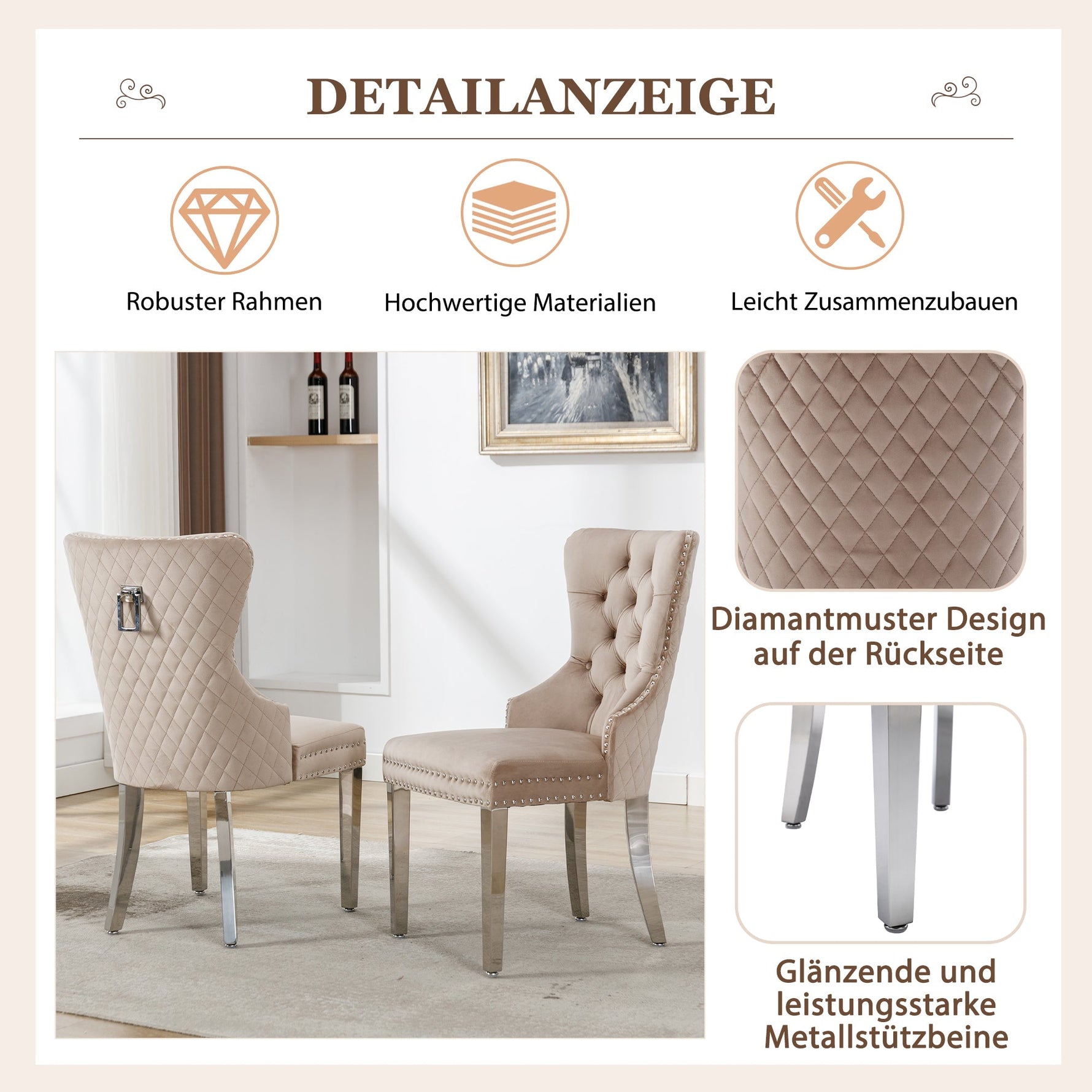 Dining Chair 4-Piece Set Upholstered Door Knocker Nailhead Trim Metal Legs Beige Velvet