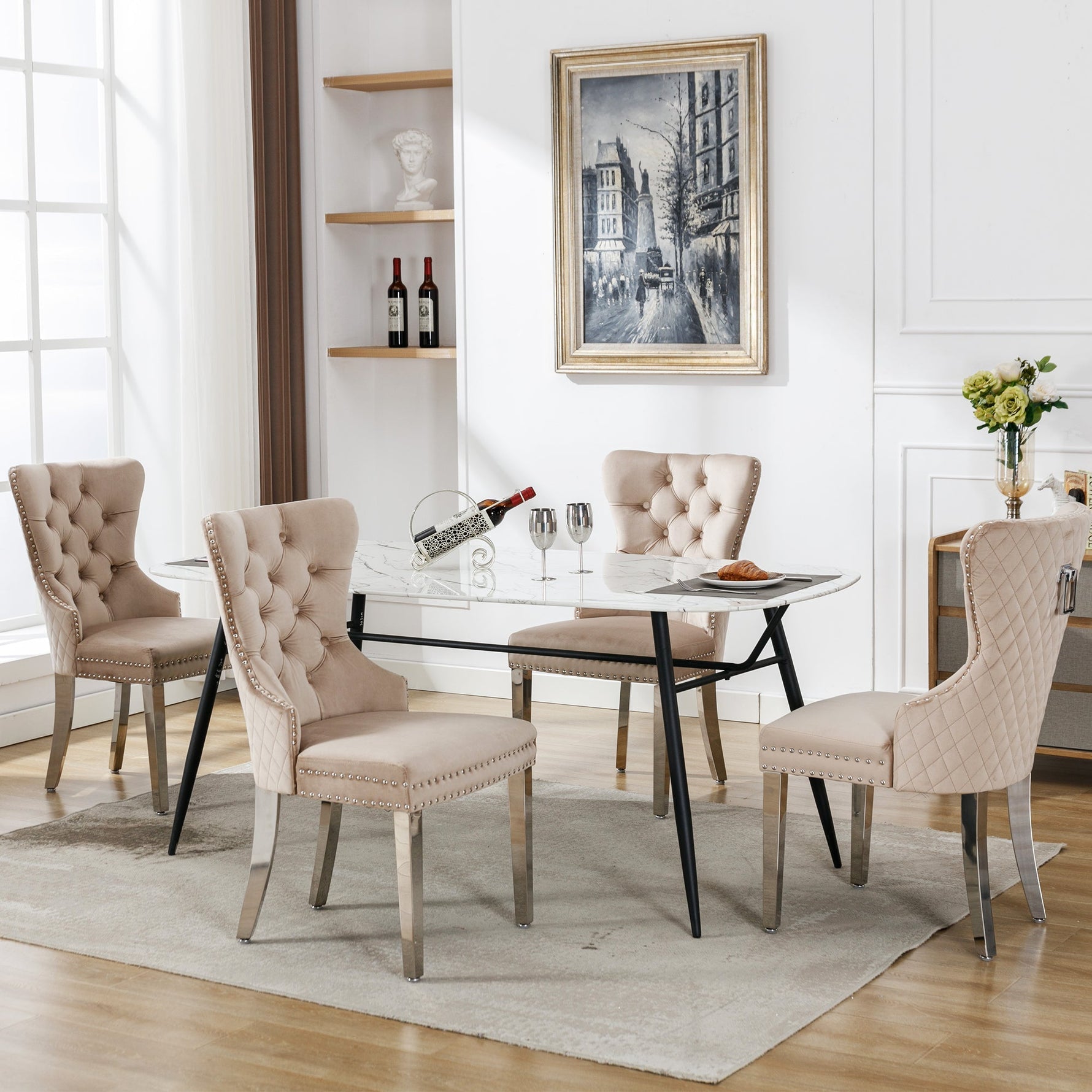 Dining Chair 4-Piece Set Upholstered Door Knocker Nailhead Trim Metal Legs Beige Velvet