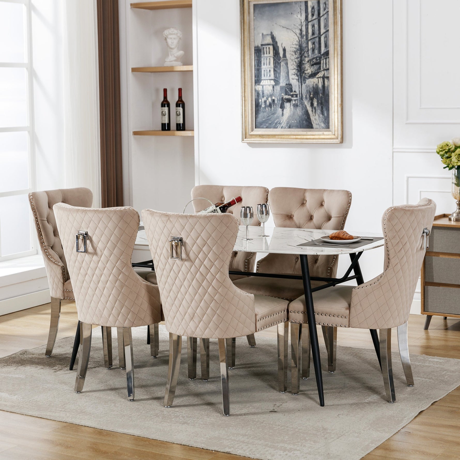 Dining Chair Set of 6 Upholstered Nailhead Trim Door Knocker Back Beige Velvet