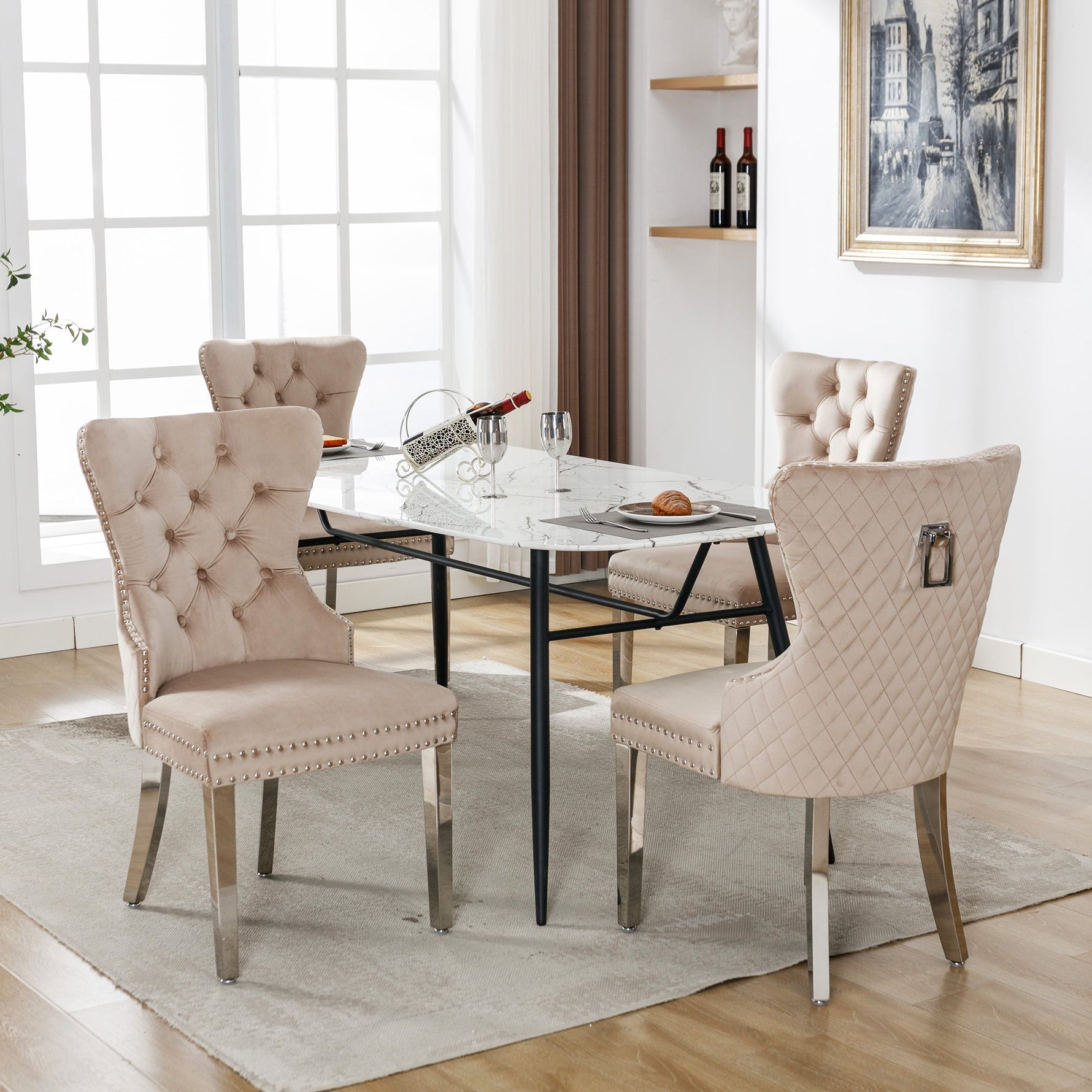 Dining Chair 4-Piece Set Upholstered Door Knocker Nailhead Trim Metal Legs Beige Velvet