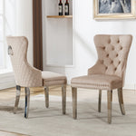 Dining Chair Set 2 Upholstered Door Knocker Back Beige Velvet