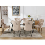 Dining Chair Set of 6 Upholstered Nailhead Trim Door Knocker Back Beige Velvet