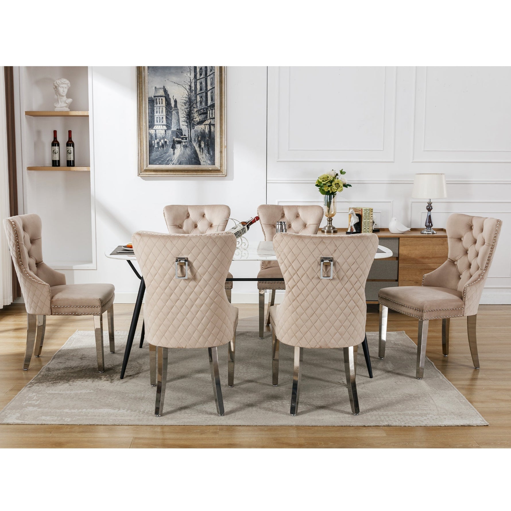 Dining Chair Set of 6 Upholstered Nailhead Trim Door Knocker Back Beige Velvet