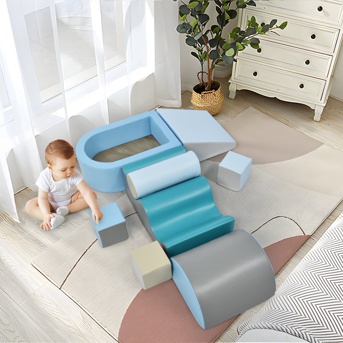 Building Blocks 9-Piece Romping and Climbing, Stairs, Slide, Ball Pit, Soft, Colorful