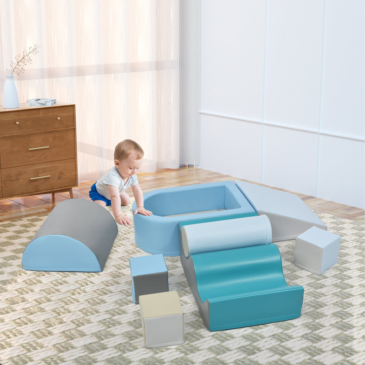 Building Blocks 9-Piece Romping and Climbing, Stairs, Slide, Ball Pit, Soft, Colorful