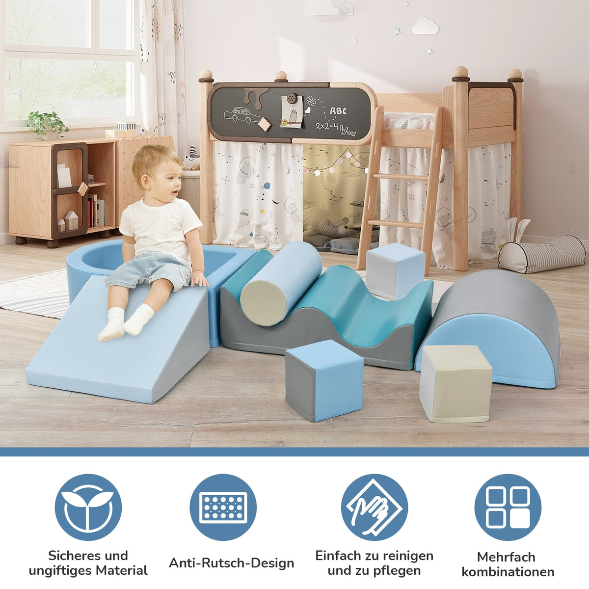 Building Blocks 9-Piece Romping and Climbing, Stairs, Slide, Ball Pit, Soft, Colorful