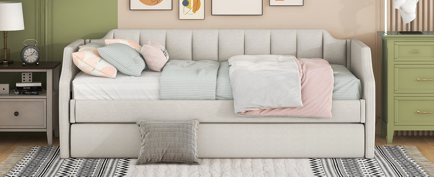 Daybed 90x200cm Upholstered Rollaway Bed - Beige