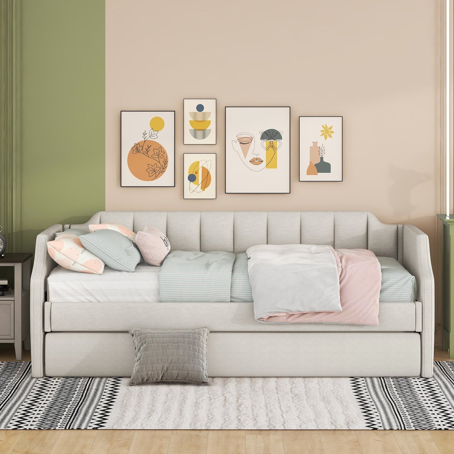Daybed 90x200cm Upholstered Rollaway Bed - Beige