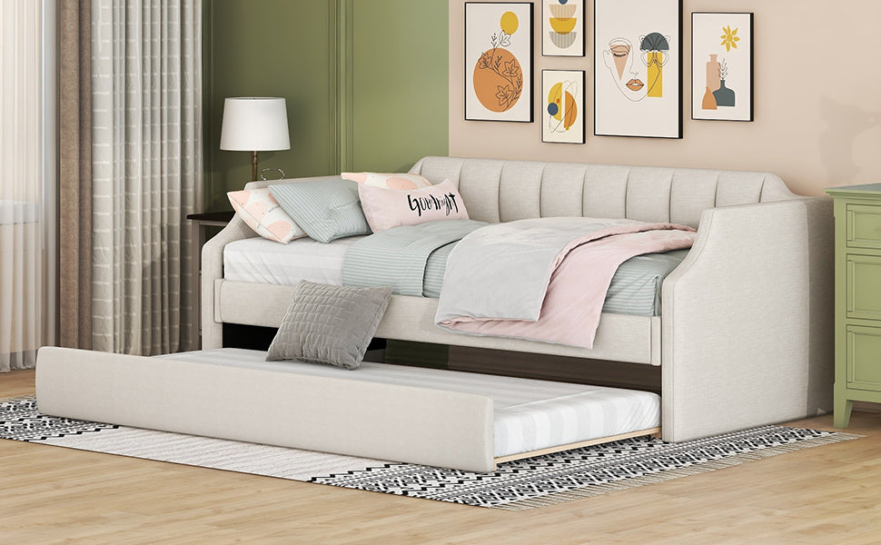 Daybed 90x200cm Upholstered Rollaway Bed - Beige