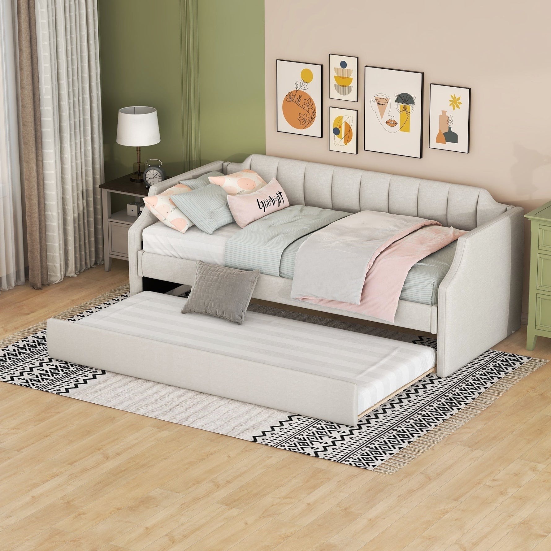 Daybed 90x200cm Upholstered Rollaway Bed - Beige