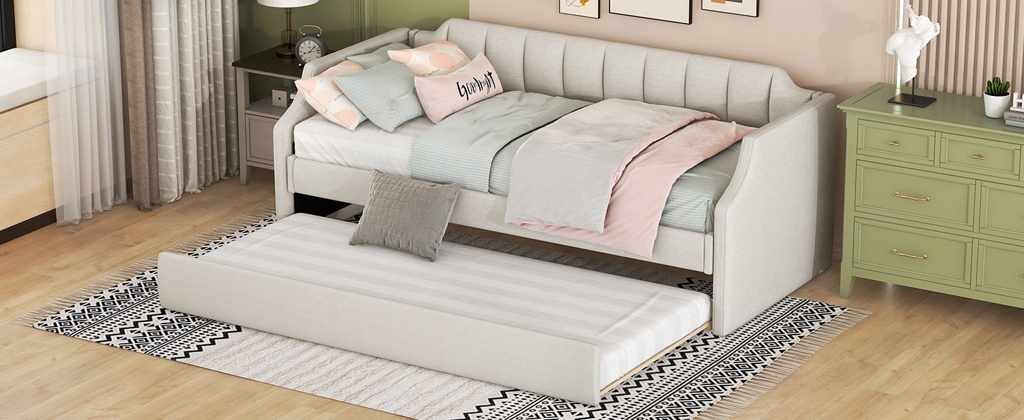 Daybed 90x200cm Upholstered Rollaway Bed - Beige