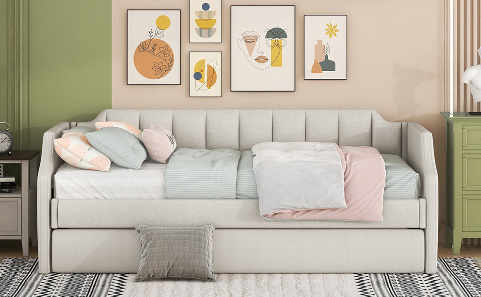 Daybed 90x200cm Upholstered Rollaway Bed - Beige