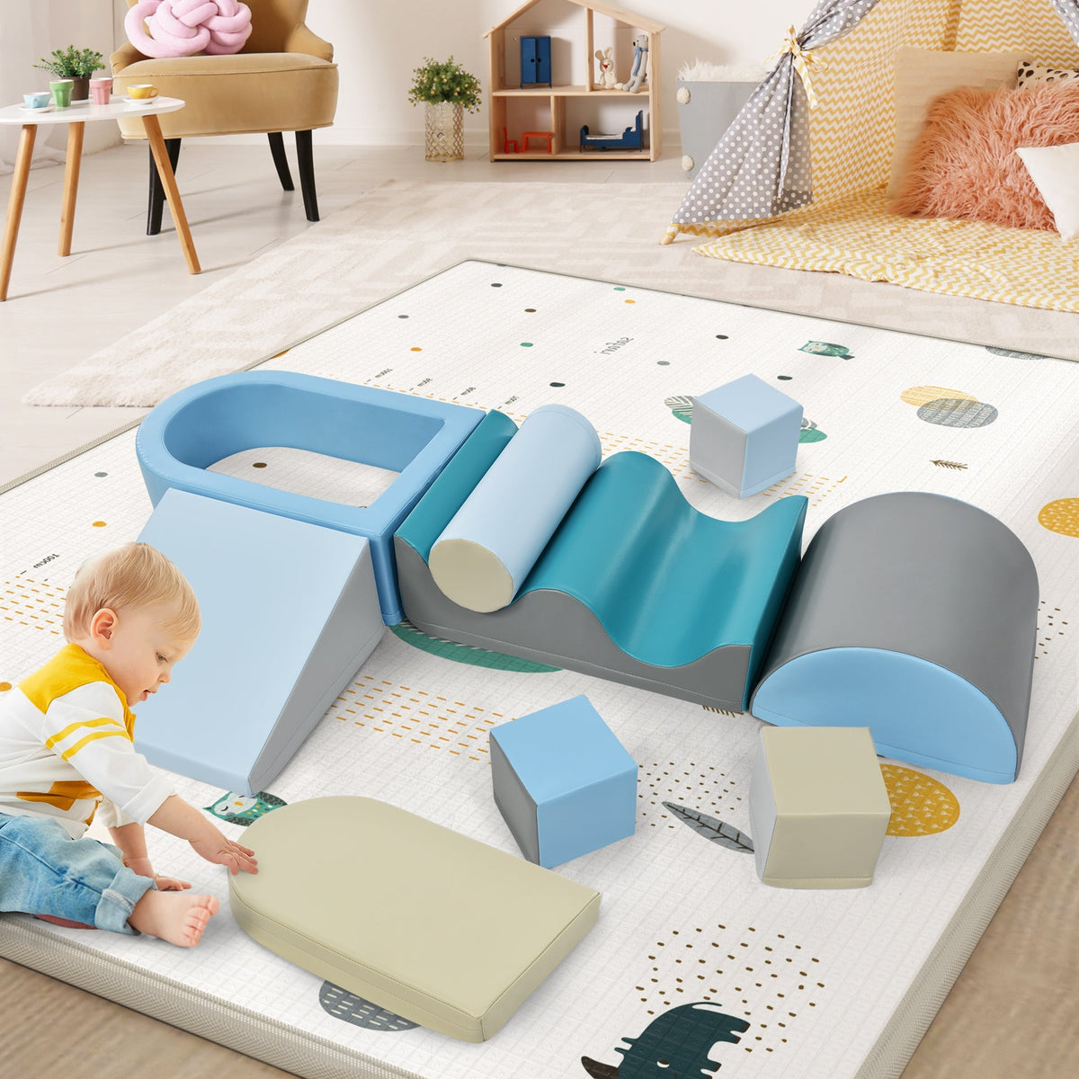 Building Blocks 9-Piece Romping and Climbing, Stairs, Slide, Ball Pit, Soft, Colorful