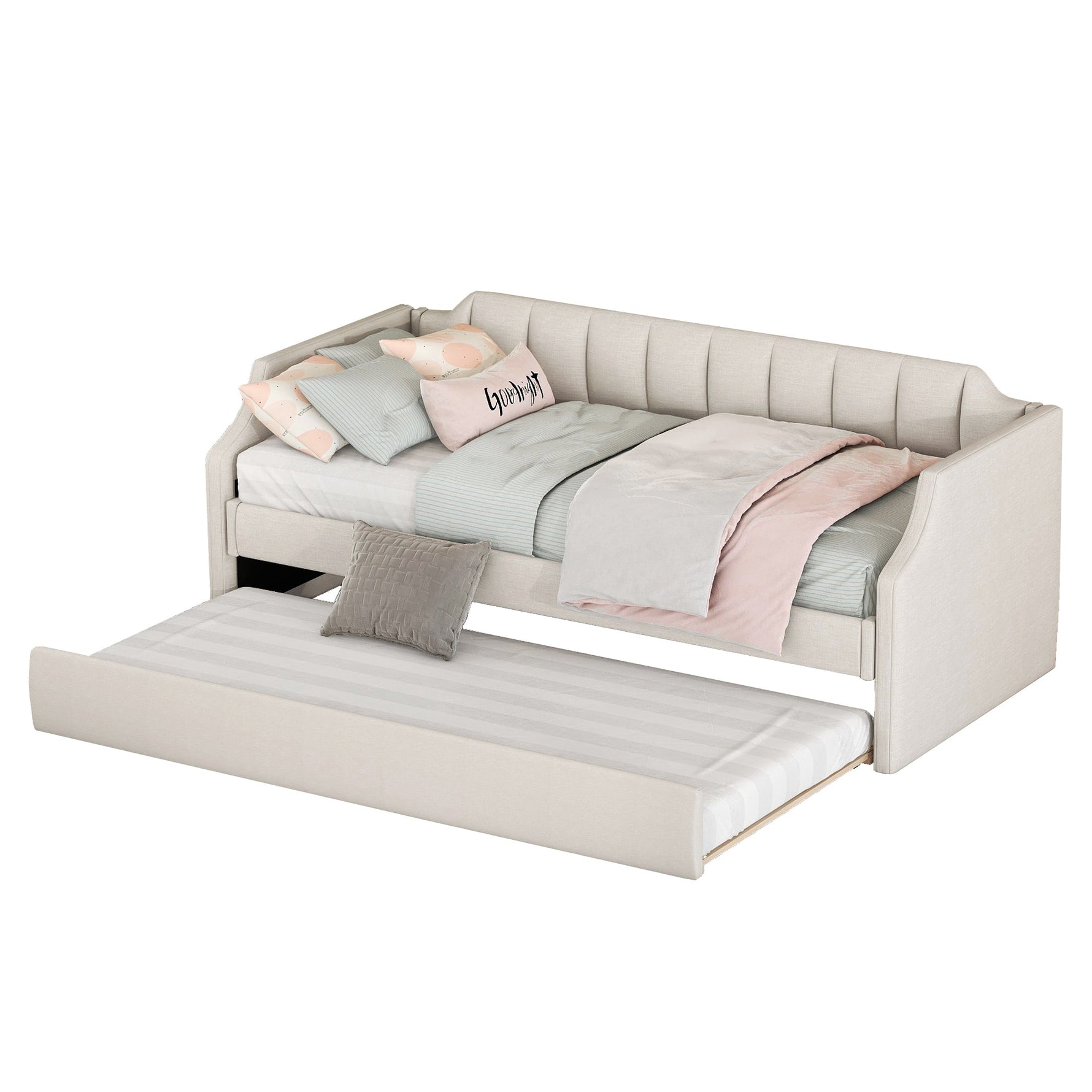 Daybed 90x200cm Upholstered Rollaway Bed - Beige