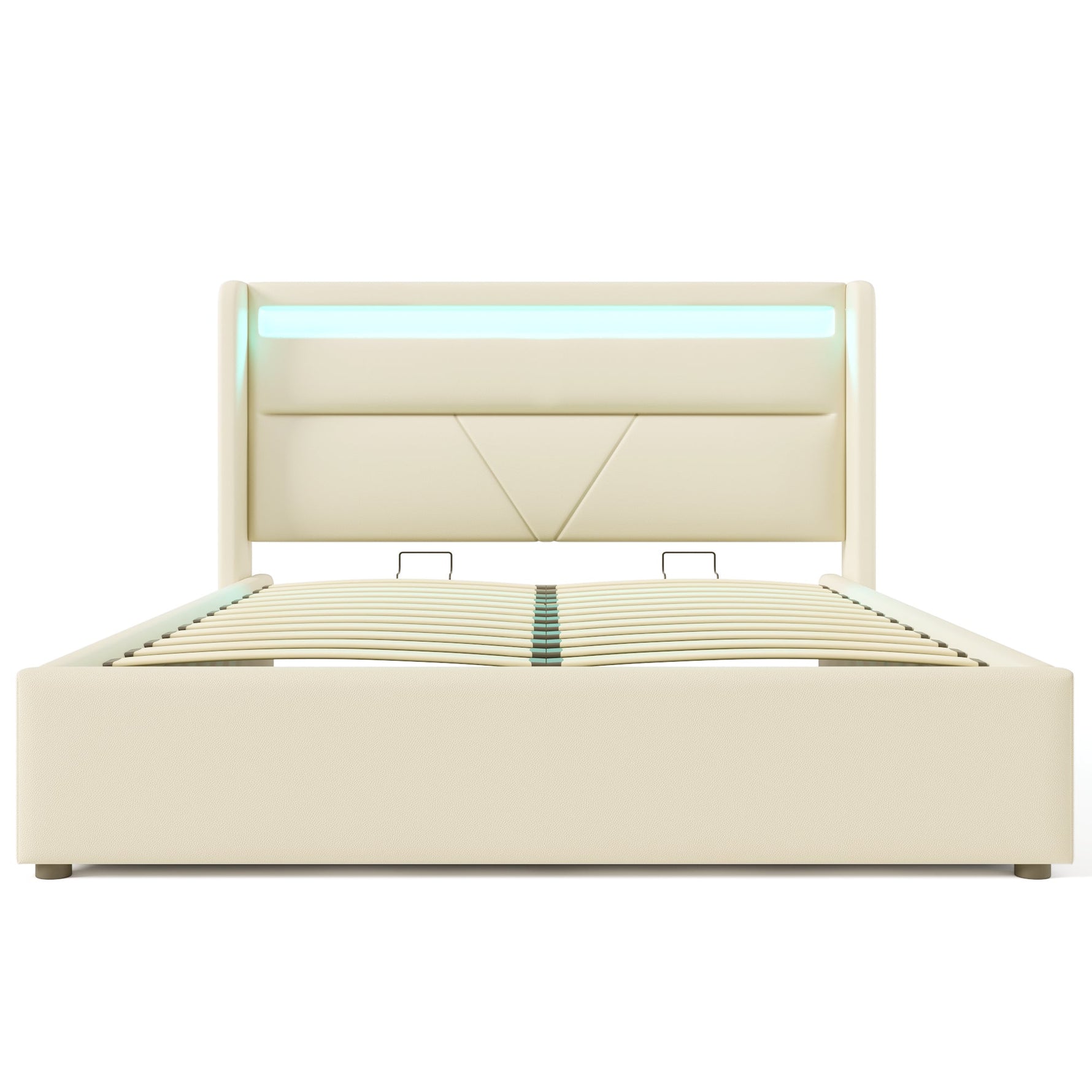 Hydraulic Storage Bed with LED Lighting and Remote Control, 160x200cm, White Upholstered