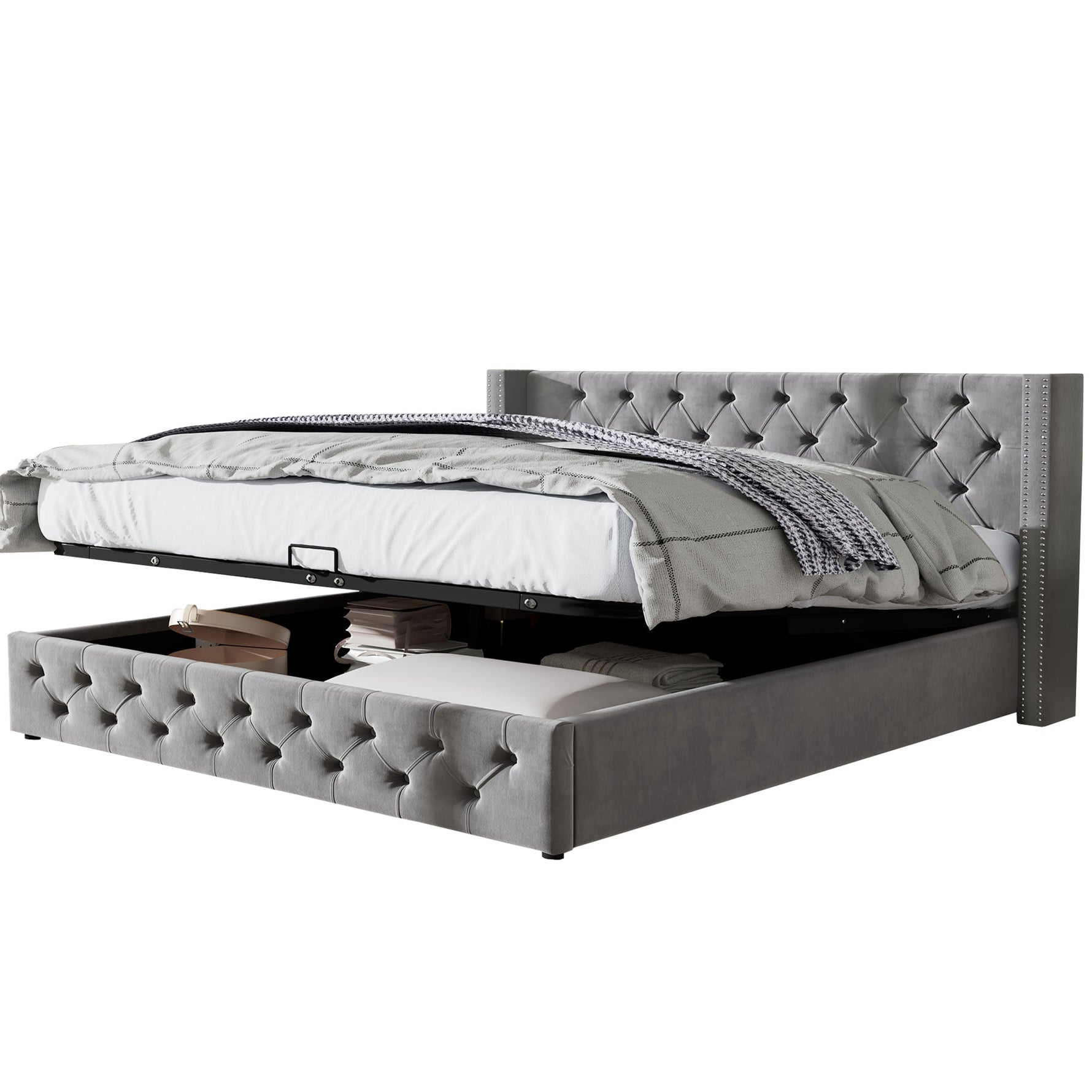 Upholstered Double Bed 160x200cm Hydraulic Storage Flannel Ear Shape - Grey