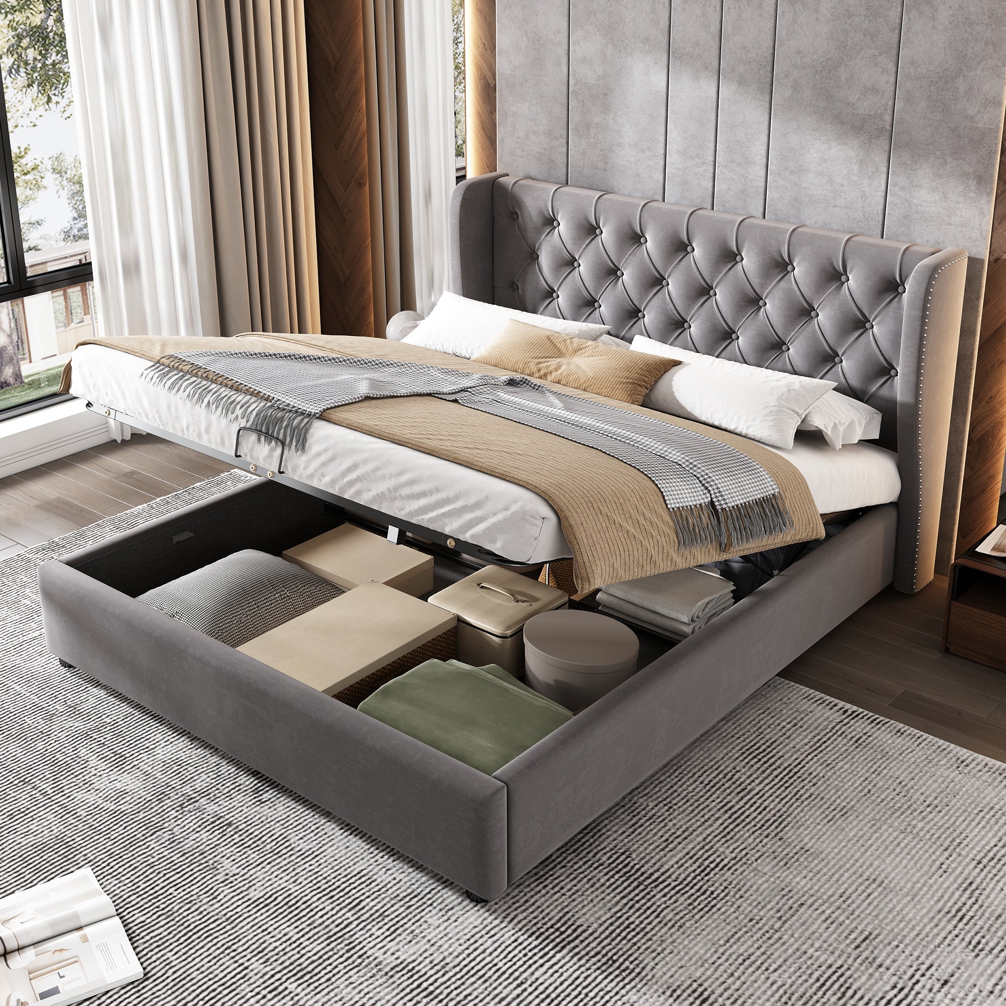 Upholstered Double Bed 140x190cm Hydraulic Storage Ear Shape Velvet - Grey