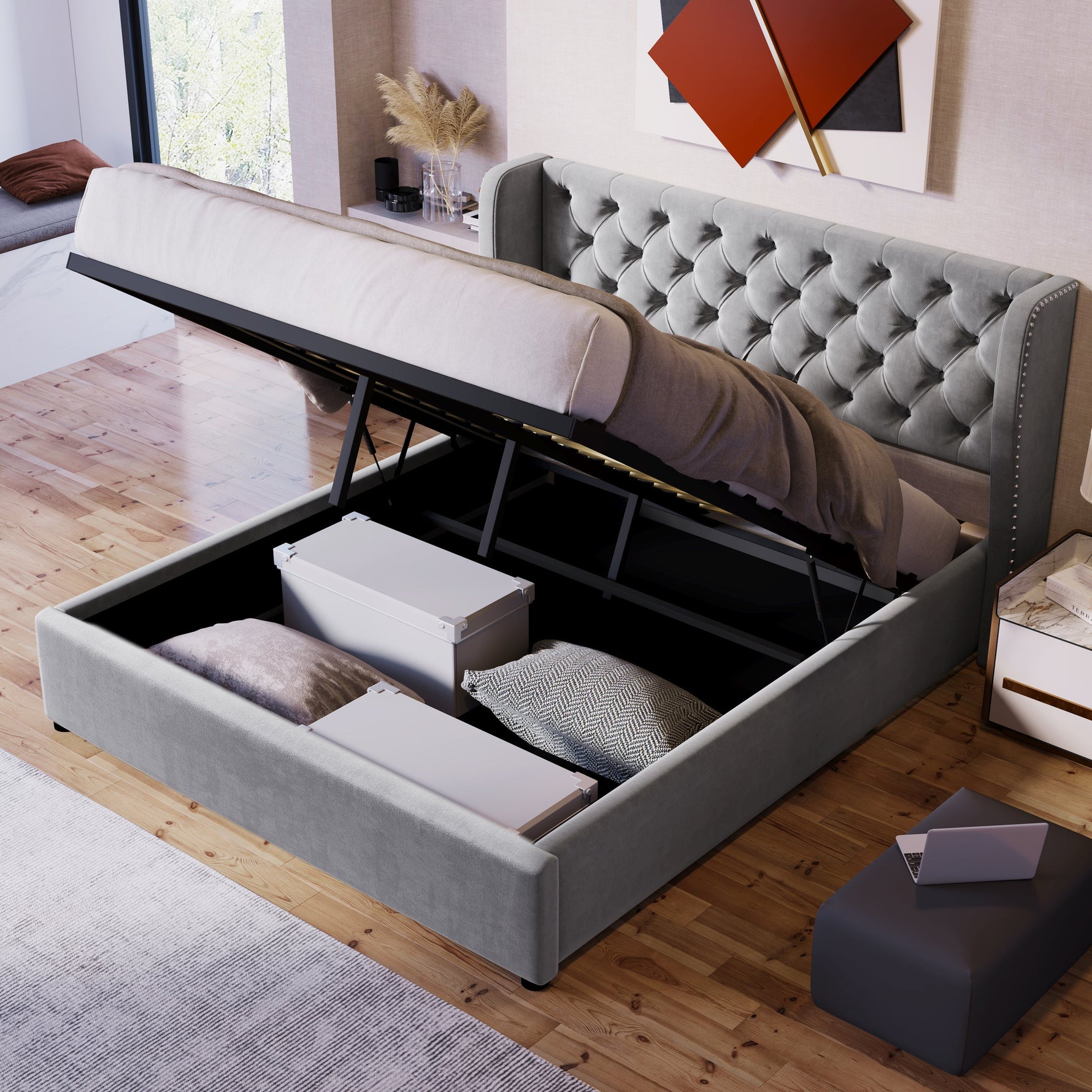 Upholstered Double Bed 140x190cm Hydraulic Storage Ear Shape Velvet - Grey