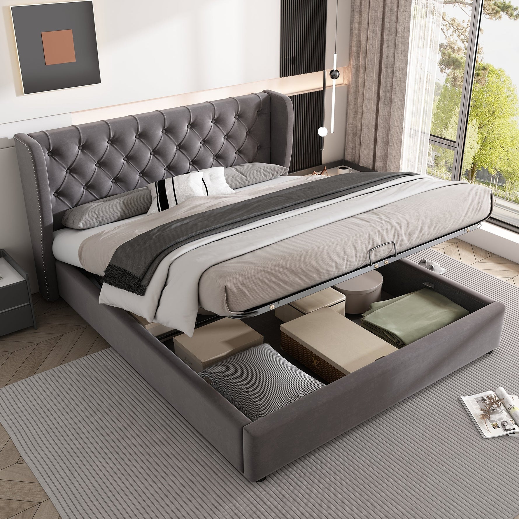 Upholstered Double Bed 140x190cm Hydraulic Storage Ear Shape Velvet - Grey