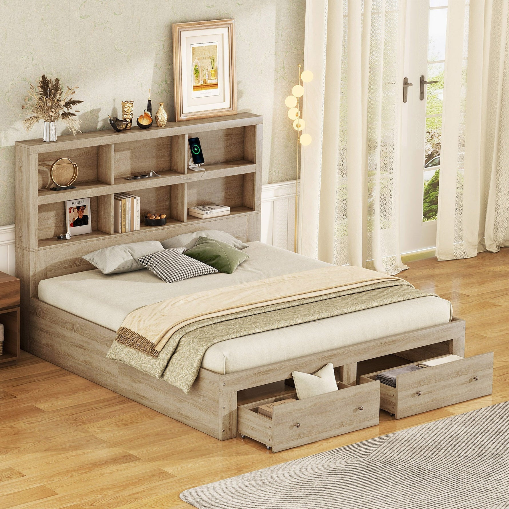 Double Bed 160x200cm King Platform Storage Drawers Headboard Chipboard Natural