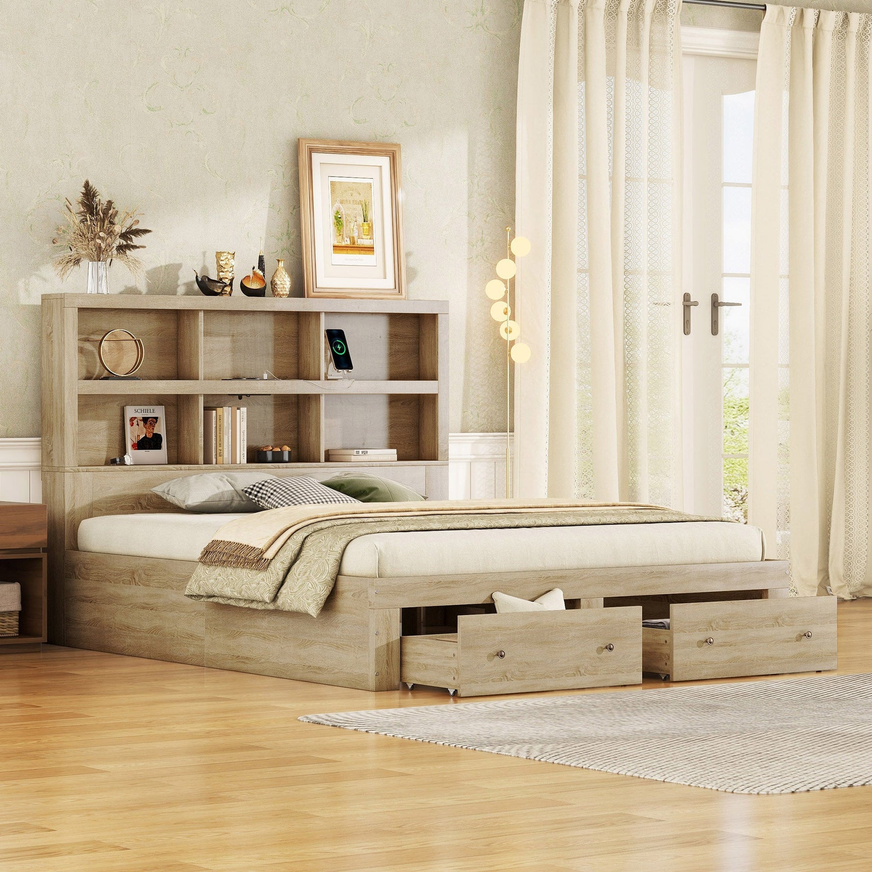 Double Bed 160x200cm King Platform Storage Drawers Headboard Chipboard Natural