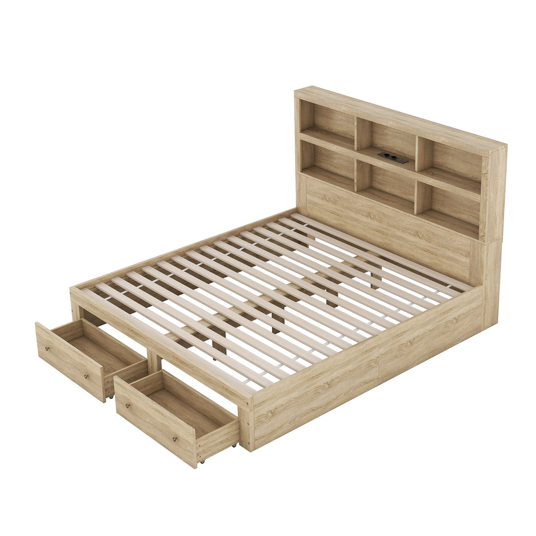 Double Bed 160x200cm King Platform Storage Drawers Headboard Chipboard Natural