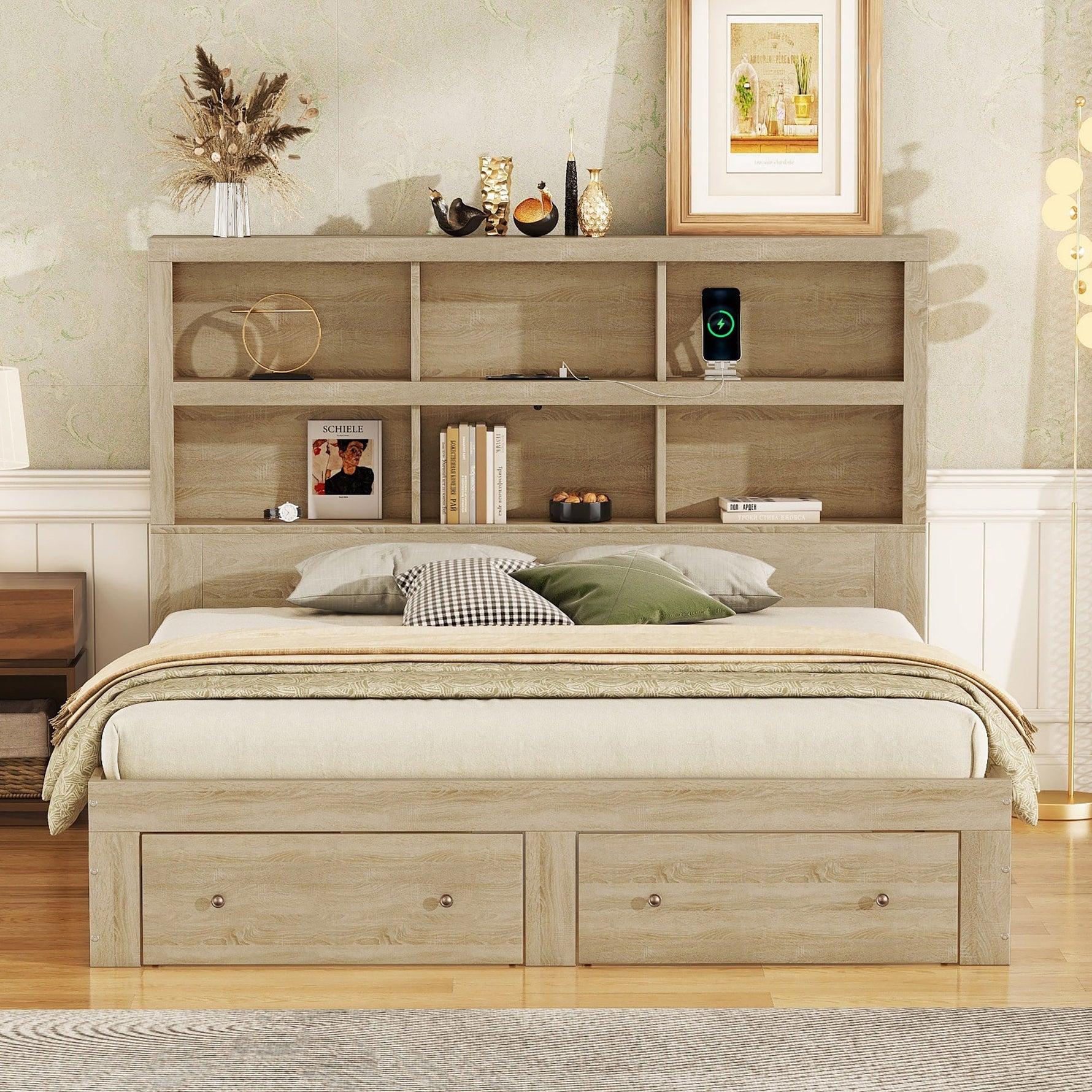 Double Bed 160x200cm King Platform Storage Drawers Headboard Chipboard Natural