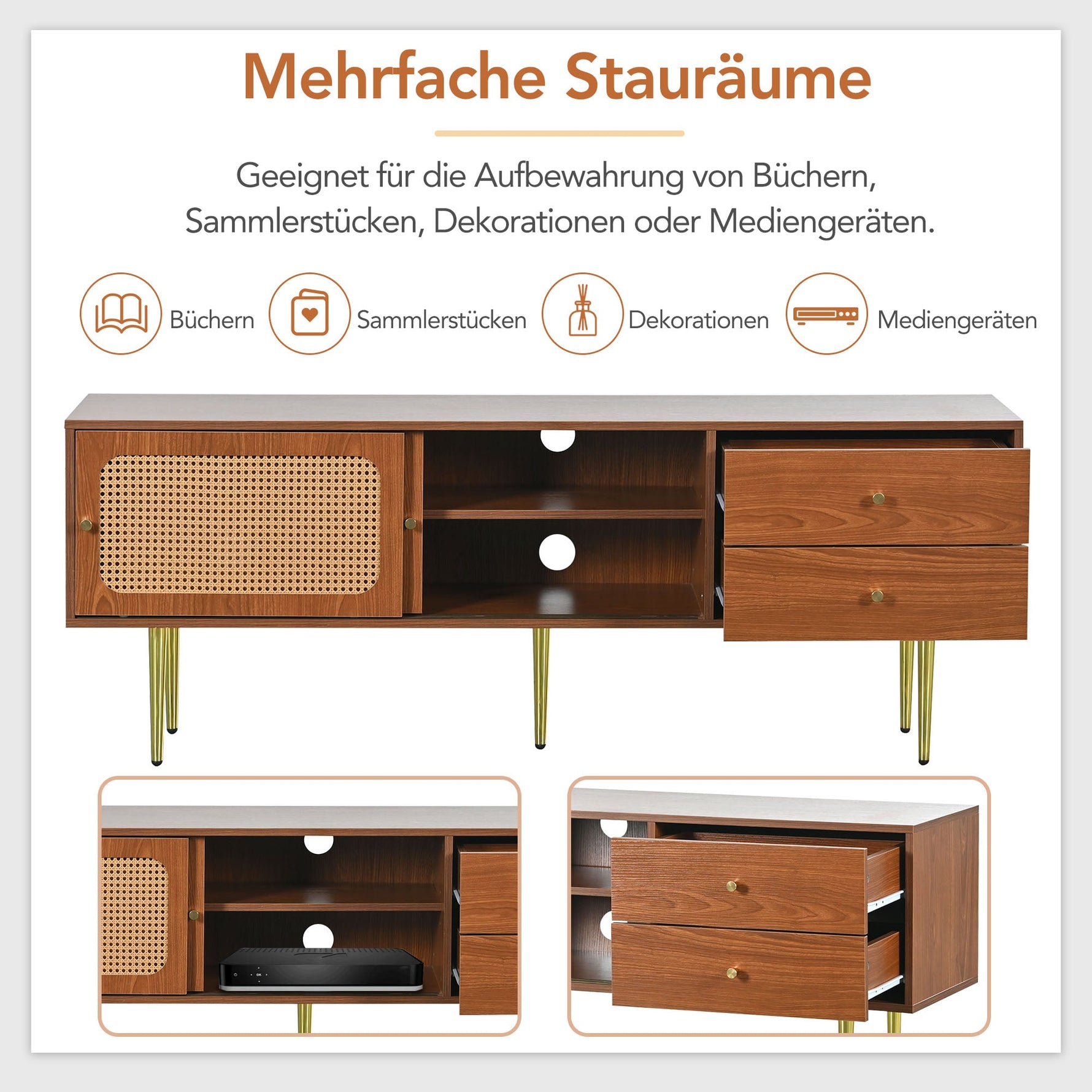 TV Stand with Rattan Sliding Doors & Drawers, Walnut
